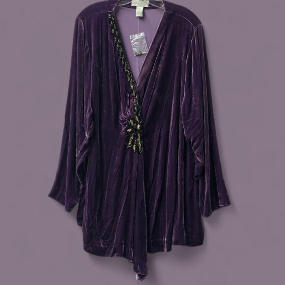 Soft Surroundings Purple Velvet Beaded Wrap Long Sleeve Vamp Tunic Holiday 2X - Picture 1 of 5